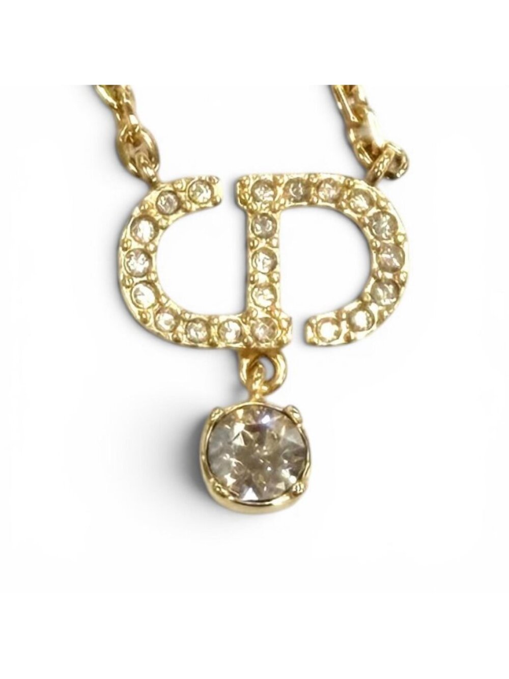 Dior Petit CD Necklace Rhinestone Pendant Gold